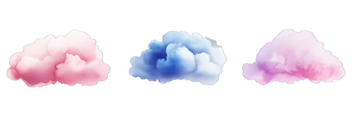 Soft pastel watercolor clouds in pink and blue hues for artistic backgrounds, high resolution PNG