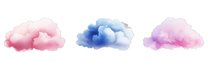 Soft pastel watercolor clouds in pink and blue hues for artistic backgrounds, high resolution PNG