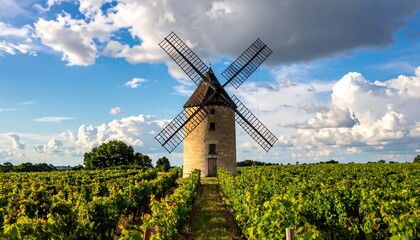 A picturesque scene of a traditional windmill standing amidst a vibrant vineyard under a partly cloudy sky.