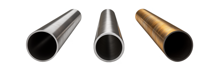 metal pipes in various finishes showcasing steel, aluminum, and bronze materials, for design template