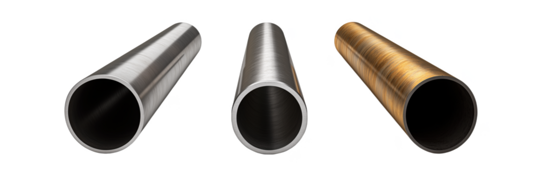 metal pipes in various finishes showcasing steel, aluminum, and bronze materials, for design template