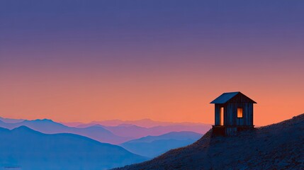 Small cabin on hilltop at sunset, glowing window