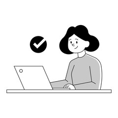 Mujer trabajando en su laptop. Trabajo de oficina, teletrabajo, productividad. Persona sentada usando su computadora portátil. Ilustración vectorial	