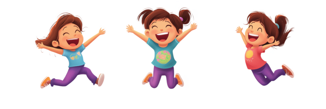 Happy children jumping with joy in colorful outfits expressing excitement, transparent PNG image
