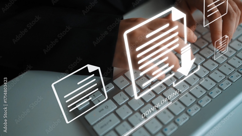 Fototapete visual representation of digital document downloading, showing file transfer, data access, and progr