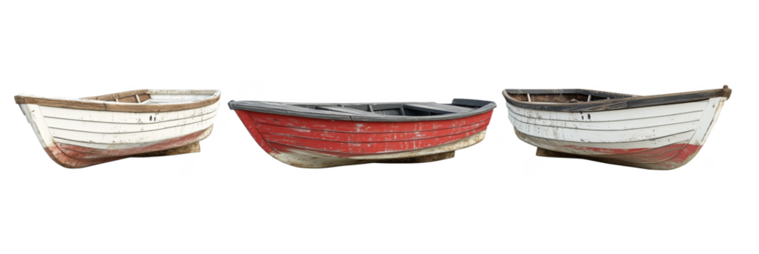 Vintage wooden boats with weathered paint in red and white colors, PNG with copy space - Powered by Adobe