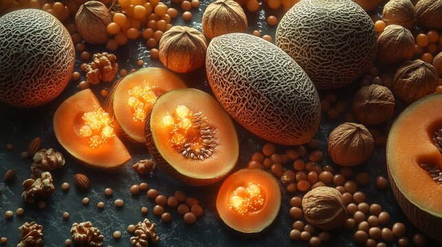 "Vitamin B8 (Inositol)" A scene showcasing whole grains, nuts like walnuts, fresh beans, and slices of cantaloupe arranged in an elegant display. Inositol molecules are subtly glowing around the foods