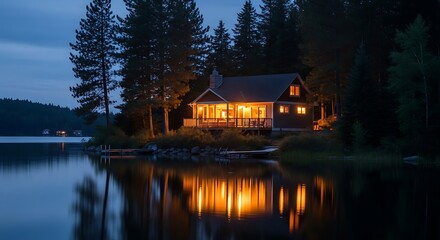 Fototapeta premium Cozy Cabin Lit Up at Dusk on a Serene Lake