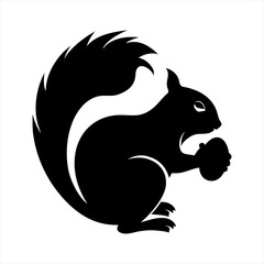 Black silhouette of a squirrel holding an acorn isolated on transparent background