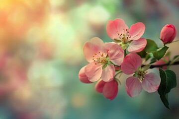 Obraz premium Blossoming Pink Flowers on a Branch With a Soft, Colorful Background in Spring
