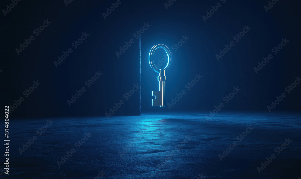 Poster glowing blue key symbolizing access and security in a dark environment, flat lay composition