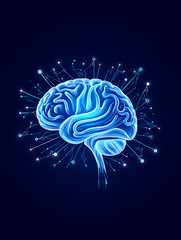 A stylized, glowing representation of a human brain, with digital network lines radiating outwards.