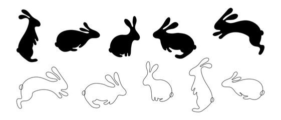 Black rabbits silhouettes set. Easter bunny line elements. Vector illustration isolated on transparent background. Simple hare clip art. 