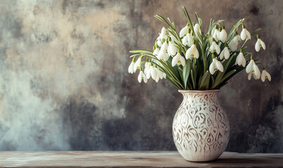Snowdrop flowers in decorative vase on rustic wooden table with textured background, isolated on white background