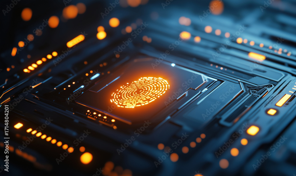 Poster futuristic digital fingerprint scanner on circuit board with glowing orange lights, image with copy 