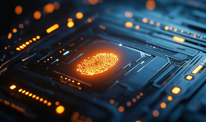 Futuristic digital fingerprint scanner on circuit board with glowing orange lights, image with copy space