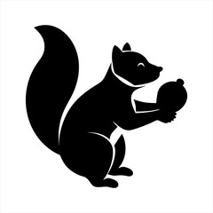 Black silhouette of a squirrel holding a nut isolated on transparent background