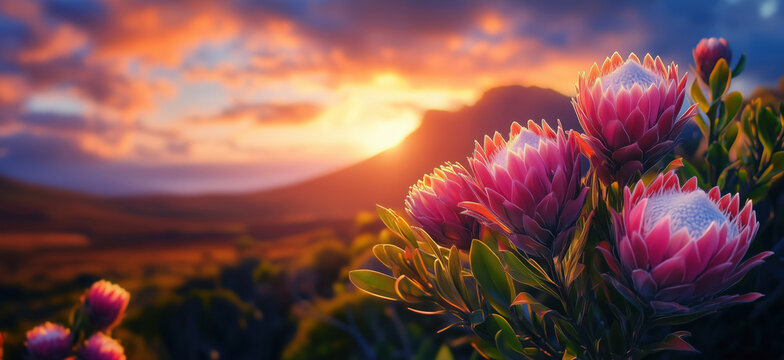 Stunning sunset over blooming protea flowers in vibrant landscape, copy space for text, isolated on white background