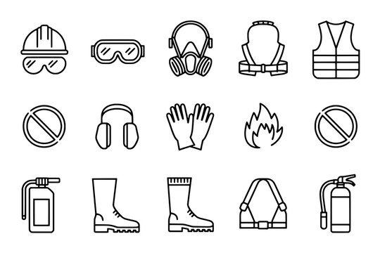 Safety Equipment Icons: 16 Line Art Safety Gear Illustrations for Workplace Safety Training