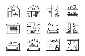 12 Minimalist Line Art Home Interior Icons: House, Kitchen, Living Room, Bathroom, Decor