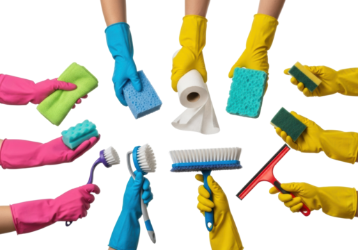 Multiple hands in pink and yellow rubber gloves holding various cleaning tools: sponges, cloths, brushes, squeegee, on a transparent studio background, concept of modern household cleaning and
