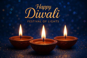 Three beautiful brown earthen diyas with lit flames placed on a sparkling blue background with bokeh lights, celebrating the festival of lights, happy diwali and happy dipaboli