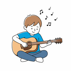 A boy sitting and playing an acoustic guitar, smiling and surrounded by musical notes.