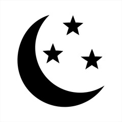 Black crescent moon and three stars isolated on transparent background