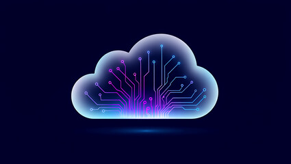 Futuristic digital cloud computing concept with a luminous circuit board pattern inside the cloud icon.