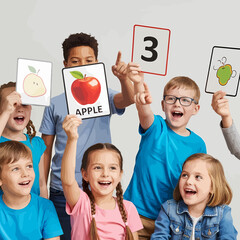Happy children holding flashcards with fruits, numbers, and insects.