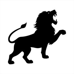 Black silhouette of a roaring lion with its paw raised isolated on transparent background