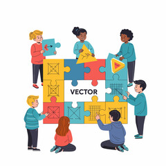 Diverse children collaboratively assembling a large puzzle with geometric shapes, grids, and the word 'VECTOR', symbolizing learning and teamwork.