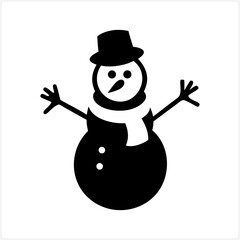 Simple black and white snowman icon with top hat and scarf isolated on transparent background