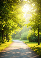 Obraz premium Tree-Lined Forest Pathway with Sunlight and Lamp Posts