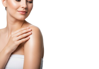 Naklejka premium Young Caucasian woman, early 20s, in a white strapless top, radiant skin, gentle hand on shoulder, serene smile, studio, minimalist background, copy space, concept of natural beauty and skin health