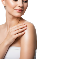 Young Caucasian woman, early 20s, in a white strapless top, radiant skin, gentle hand on shoulder, serene smile, studio, minimalist background, copy space, concept of natural beauty and skin health