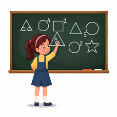 A girl drawing shapes and numbers on a chalkboard.