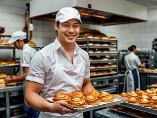 Smiling Asian Baker Holds Tray of Freshly Baked Sweet Buns