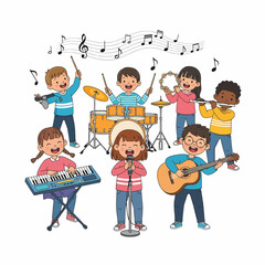 Happy children playing musical instruments together.