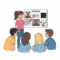 A girl teacher presents a science lesson on volcanoes to a group of attentive students.
