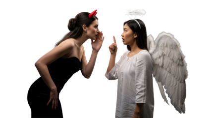 Young caucasian devil seductively whispers to shocked young asian angel on deep black background, dramatic low-key lighting, chiaroscuro, concept of moral dilemma and temptation