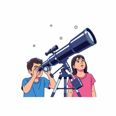Boy and girl using a large telescope to look at the stars.