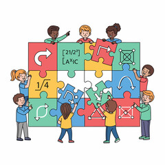 Diverse group of children working together to assemble a large, colorful jigsaw puzzle with math and logic symbols.