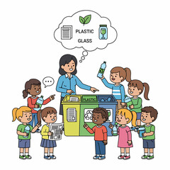 A diverse group of children learning about recycling and waste sorting with their teacher, placing plastic and glass into designated bins.