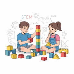 Boy and girl playing with colorful blocks, STEM theme.