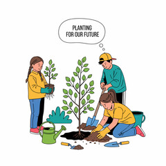 Illustration of three children planting a tree together with a speech bubble saying 'Planting for our future', symbolizing environmental care and hope.