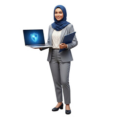 Professional muslim woman cybersecurity expert holding laptop with security shield icon concept design on transparent background