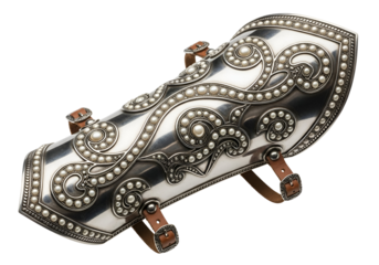 Ornate, metallic arm guard adorned with intricate pearl embellishments.