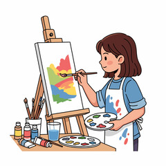 A young woman painting on an easel with vibrant colors, surrounded by art supplies.