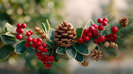 Festive decoration with red berries, pine cones in holiday colors for Christmas